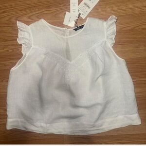 NWT Zara White 100% Linen Lace Flutter Sleeve Blouse Size L